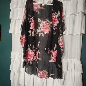 Medium Floral Print Open Front Kimono w armed pockets